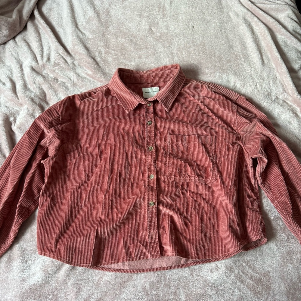 corduroy pink button down collared cropped American Eagle long-sleeve